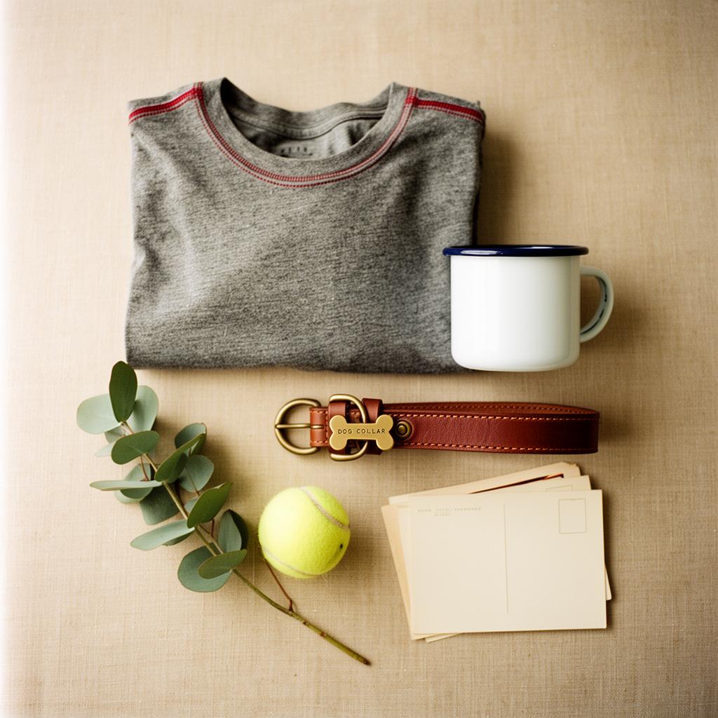 Curated rescue dog merchandise flat-lay
